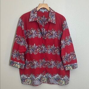 Red Floral Wrinkle Free Button Down Plus Size Cotton Shirt